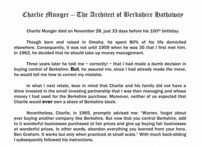 24일(현지시간) 미국 투자회사 버크셔 해서웨이가 주주들에게 보낸 서한에 지난해 11월 작고한 찰리 멍거 부회장에 대한 헌사를 담았다. /사진= 버크셔 해서웨이 서한 캡처.