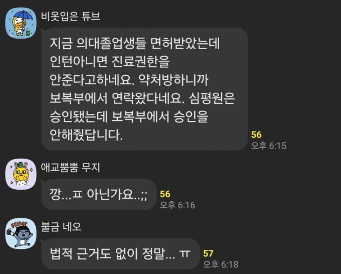 인턴이 아닌 의사 면허 소지자에게 보건복지부가 진료 권한을 안 줬다는 내용의 대화가 온라인 커뮤니티에 확산했다. /사진=온라인 커뮤니티