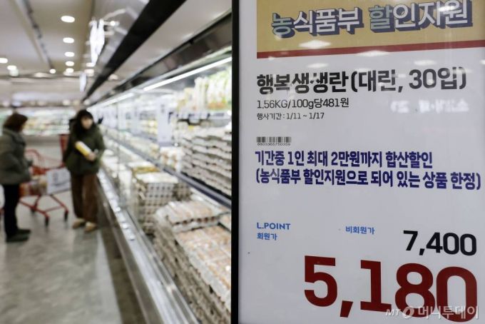 [서울=뉴시스] 최동준 기자 = 15일 서울 시내 한 대형마트에서 계란이 농림축산식품부 지원으로 할인 판매를 하고 있다. 농식품부는 고병원성 조류인플루엔자 확산과 설 성수기에 대비해 농축산물 할인지원을 실시한다. 2024.01.15. photocdj@newsis.com /사진=최동준