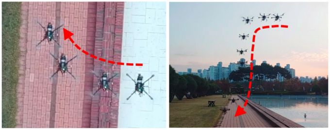 연구팀이 개발한 드론이 GIST 행정동 앞 연못 근처에서 자동으로 물을 피해 안전한 장소로 착륙하는 모습. /사진=GIST