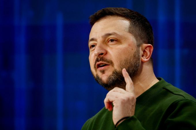 볼로디미르 젤렌스키 우크라이나 대통령이 지난 2월 러시아 침공 2주년 회견에서 발언하고 있다./로이터=뉴스1