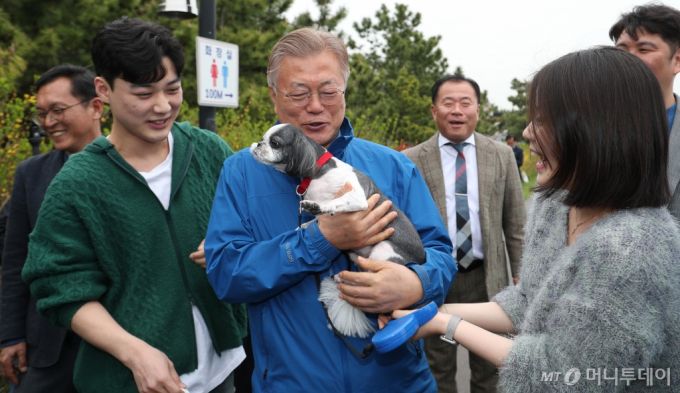 (부산=뉴스1) 윤일지 기자 = 문재인 전 대통령이 8일 부산 강서구 명지해안산책로에서 강서구에 출마한 변성완 더불어민주당 후보와 함께 시민들에게 인사하며 강아지를 안고 있다. 2024.4.8/뉴스1  Copyright (C) 뉴스1. All rights reserved. 무단 전재 및 재배포,  AI학습 이용 금지. /사진=(부산=뉴스1) 윤일지 기자