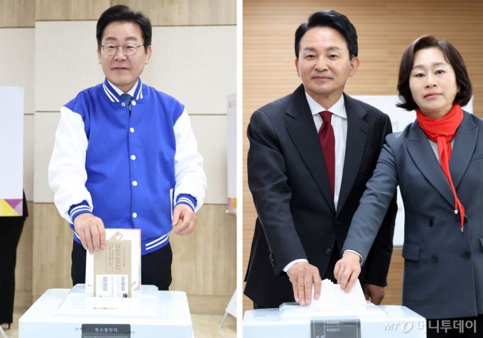 (인천=뉴스1) 장수영 기자,구윤성 기자 = 인천 계양을에 출마한 이재명 더불어민주당 대표(왼쪽)와 원희룡 국민의힘 후보가 5일 오전 대전 중구 대전평생교육진흥원 사전투표소와 인천 계양구 계양3동 행정복지센터 사전투표소에서 각각 투표를 하고 있다. 2024.4.5/뉴스1  Copyright (C) 뉴스1. All rights reserved. 무단 전재 및 재배포,  AI학습 이용 금지. /사진=(인천=뉴스1) 장수영 기자,구윤성 기자