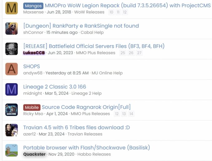 프리섭 소스코드를 공ㅇ하는 해외 커뮤니티. 국산 게임인 리니지2와 라그나로크의 소스파일도 보인다. /사진=RaGEZONE 캡처