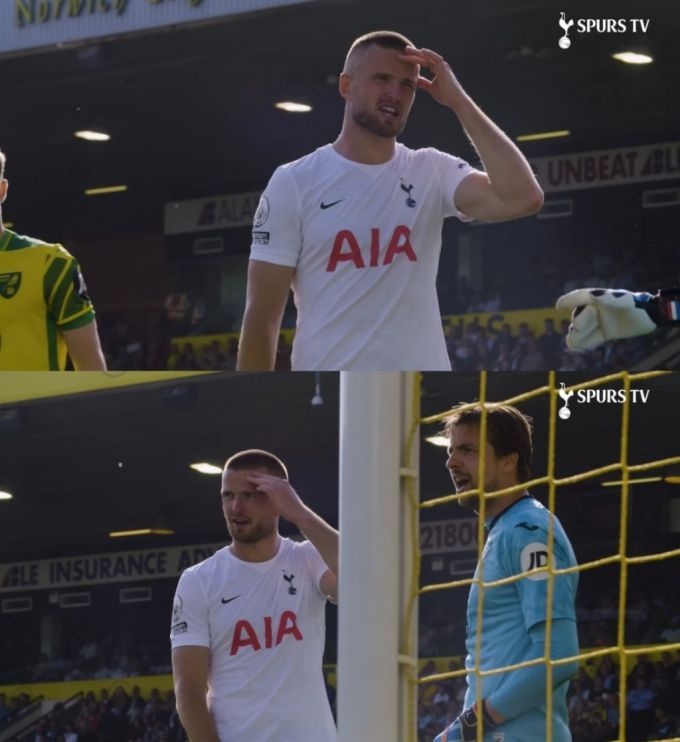 노리치 시티 골키퍼 팀 크룰에게 항의하는 토트넘 홋스퍼의 에릭 다이어 / 사진=토트넘 공식 유튜브 채널 영상 캡처