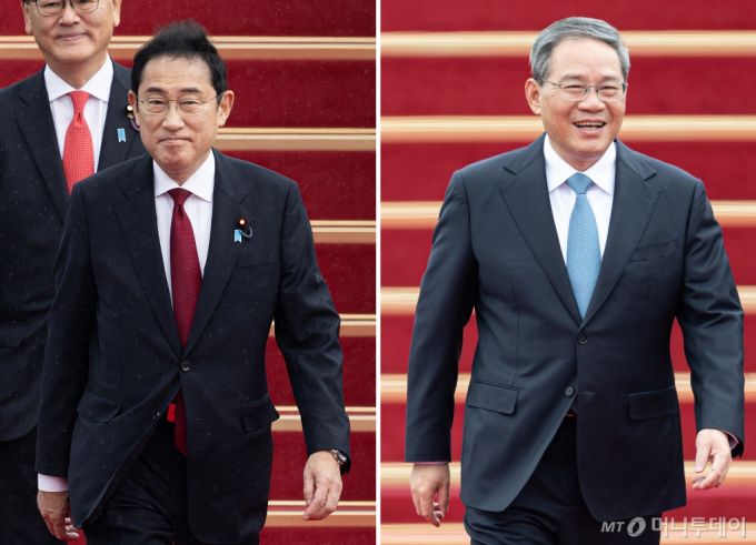 (성남=뉴스1) 이재명 기자 = 기시다 후미오(岸田文雄) 일본 총리(왼쪽)와 리창 중국 국무원 총리가 26일 한일중 정상회의 참석차 경기도 성남시 서울공항에 도착하고 있다. 2024.5.26/뉴스1  Copyright (C) 뉴스1. All rights reserved. 무단 전재 및 재배포,  AI학습 이용 금지. /사진=(성남=뉴스1) 이재명 기자
