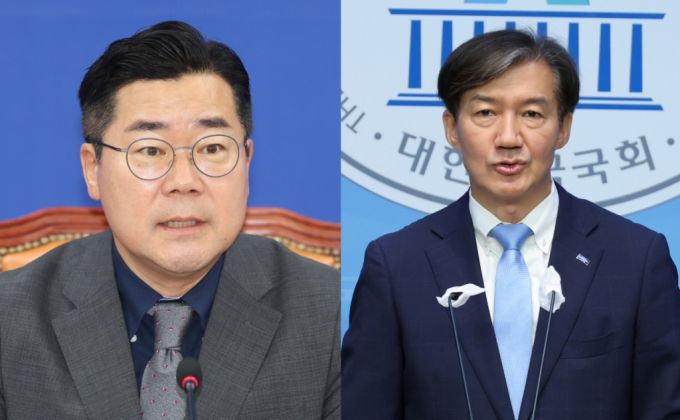 18일 서울 여의도 국회에서 열린 더불어민주당 정책조정회의에서 발언하는 박찬대 민주당 대표 직무대행 겸 원내대표(왼쪽)와 같은날 국회 소통관에서 국민의힘 폭로 및 자백 수사 촉구 기자회견을 하고 있는 조국 조국혁신당 대표 후보 /사진=뉴시스