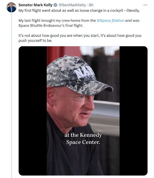 23일(현지시간) 우주비행사로서의 경험담을 이야기하는 영상을 본인 계정에 올린 마크 켈리 상원의원 /사진=마크 켈리 의원 'X' 공식 계정 갈무리