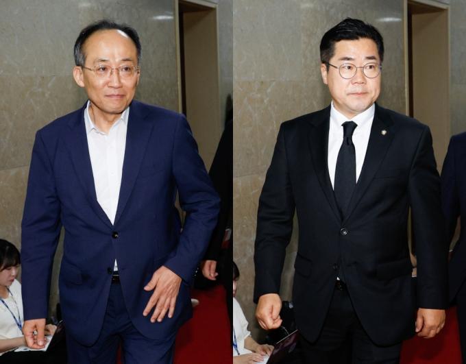 추경호 국민의힘 원내대표(왼쪽)와 박찬대 더불어민주당 대표 직무대행 겸 원내대표가 31일 오후 본회의 관련 여야 원내대표 비공개 회동을 위해 국회의장실로 향하고 있다. /사진=뉴스1