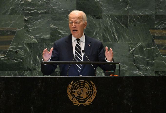 조 바이든 미국 대통령이 24일 (현지시간) 뉴욕 유엔 본부에서 가진 마지막 유엔 총회 연설서 “국제사회가 우크라이나와 중동 전쟁 등 지구촌 곳곳의 분쟁을 종식하기 위해 힘써야 한다”고 밝히고 있다. 2024.09.25  /AFPBBNews=뉴스1