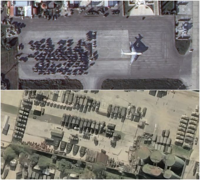 시리아 내 러시아 주요 군사 기지의 위성 사진. 위 사진은 흐메이밈 공군기지, 아래는 타르쿠스 해군 기지 / AFPBBNews(위)·로이터(아래)=뉴스1