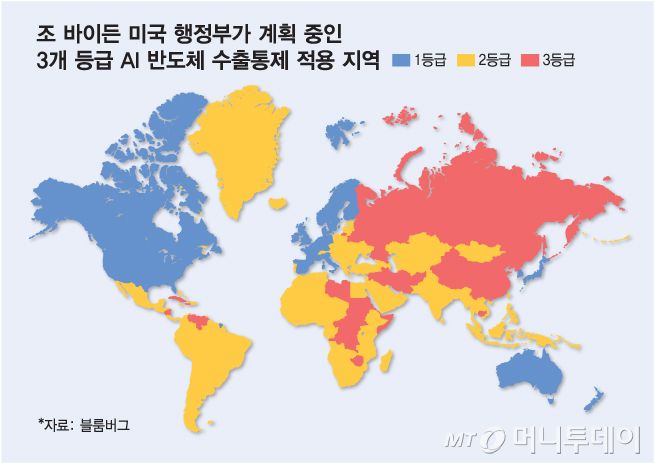 조 바이든 미국 행정부가 계획 중인 3개 등급 AI 반도체 수출통제 적용 지역/그래픽=김다나