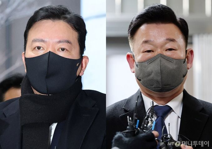 (서울=뉴스1) 박세연 기자 = 윤석열 대통령 체포영장 집행 방해 관련 특수공무집행방해 혐의로 체포된 김성훈 대통령경호처 차장(왼쪽)과 같은 혐의를 받는 이광우 경호본부장이 18일 오전 서울 서대문구 국가수사본부로 조사를 받기위해 들어서고 있다. 2025.1.18/뉴스1  Copyright (C) 뉴스1. All rights reserved. 무단 전재 및 재배포,  AI학습 이용 금지. /사진=(서울=뉴스1) 박세연 기자