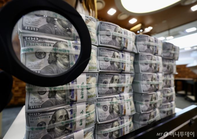 서울 중구 하나은행 위변조대응센터에서 관계자가 달러화를 정리하고 있다./사진=뉴시스