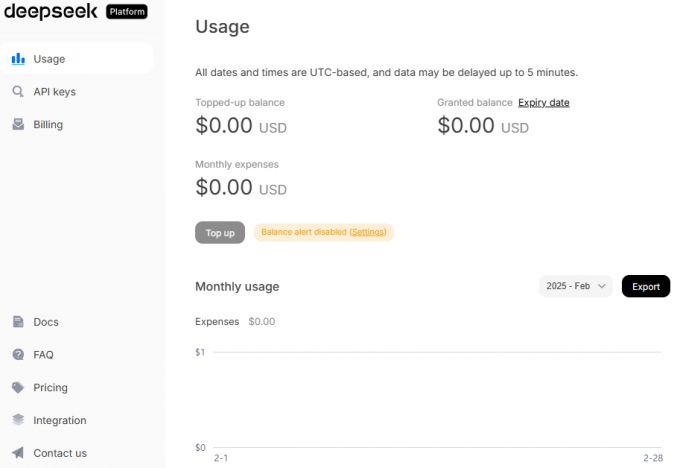 딥시크의 API 크레딧 충전화면/사진=딥시크 홈페이지