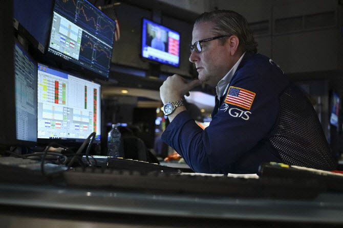 뉴욕증권거래소에서 한 트레이더가 모니터를 보며 거래 동향을 파악하고 있다. /AFP=뉴스1