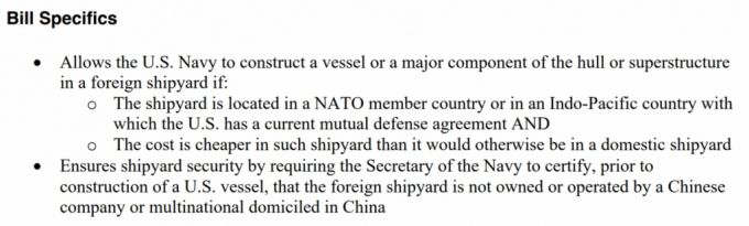 마이크 리 미국 공화당 상원 의원은 지난 5일(현지시간) '해군 준비태세 보장법'(Ensuring Naval Readiness Act)을 발의했다. 세부 내용으로는 '미 해군이 선박 또는 선체, 상부 구조물의 주요 구성 요소를 외국 조선소에서 건조할 수 있도록 허용한다'는 내용이 담겼다. 조선소 위치는 '북대서양조약기구(NATO) 회원국 또는 미국이 현재 상호방위협정을 맺은 인도태평양 국가'라고 한정했다. '중국이 운영하거나 소유해선 안 되고 중국에 본사를 둔 다국적 기업이 운영하는 곳이 아니어야 한다'는 조건도 달았다. / 사진=마이크 리 미국 공화당 상원 의원실