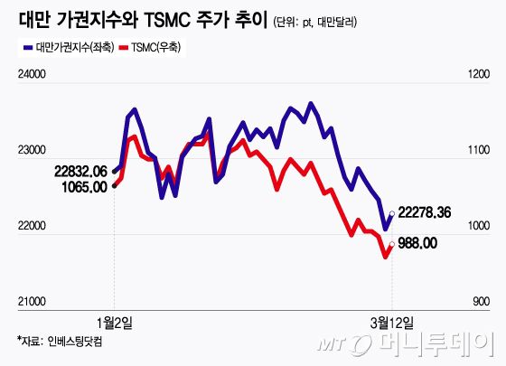 대만 가권지수와 TSMC 주가 추이/그래픽=윤선정