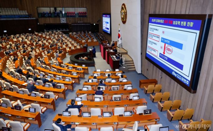 (서울=뉴스1) 안은나 기자 = 이언주 더불어민주당 의원이 3일 오후 서울 여의도 국회에서 열린 제423회국회(임시회) 제4차 본회의에서 오동운 고위공직자범죄수사처장에게 경북·경남·울산지역 산불 사태 수습과 피해대책 마련 및 헌법질서 수호를 위한 긴급현안질문을 하고 있다. 2025.4.3/뉴스1  Copyright (C) 뉴스1. All rights reserved. 무단 전재 및 재배포,  AI학습 이용 금지. /사진=(서울=뉴스1) 안은나 기자