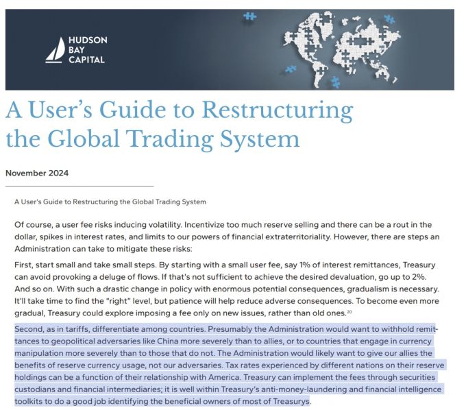 스티븐 미란 백악관 경제자문위원회(CEA) 의장은 지난해 11월 허드슨베이캐피털 재직 시절 '글로벌 무역시스템 재편을 위한 사용자 안내서'라는 보고서 31페이지에 트럼프 2기 행정부가 동맹에 부담을 더 늘리길 바랄 것이라고 전망한 내용. / 사진=허드슨베이캐피털