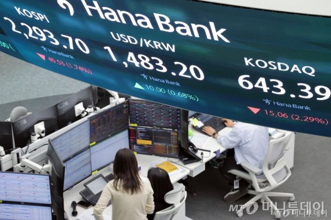 (서울=뉴스1) 박정호 기자 = 미국의 상호관세가 발효되면서 코스피 2300선이 붕괴한 9일 오후 서울 중구 하나은행 본점 딜링룸 전광판에 증시가 표시되고 있다.  /사진=뉴스1