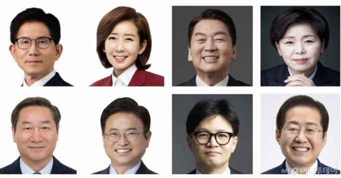 [서울=뉴시스] 조성봉 기자 =  국민의힘의 제21대 대통령선거 선출을 위한 경선에 참가하는 주요 후보들.   윗줄 왼쪽부터 시계방향으로 김문수 전 고용노동부 장관, 나경원 의원, 안철수 의원, 양향자 전 의원,홍준표 전 대구시장,한동훈 전 대표, 이철우 경북도지사, 유정복 인천시장. 2025.04.16. (사진=각 캠프 제공) *재판매 및 DB 금지 /사진=조성봉