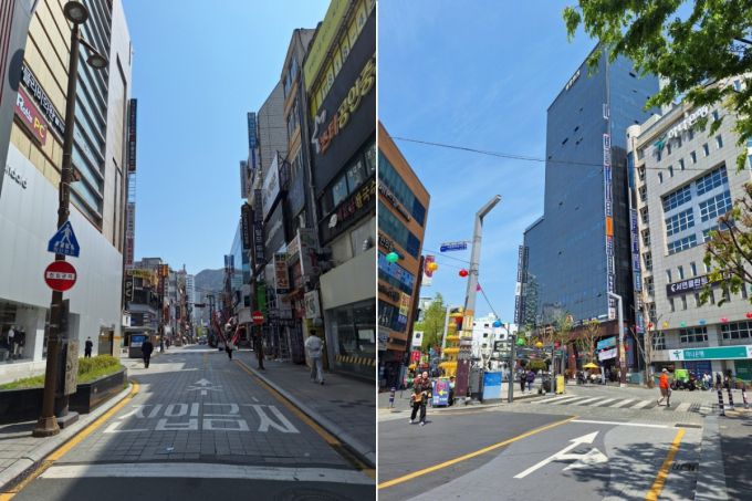 지난 16일 부산 부산진구 서면역 인근 모습. (왼쪽) 지난 1월 부산 부산진구 서면 쥬디스태화 근처에는 윤석열 전 대통령 탄핵 찬성 집회가 열렸다. (오른쪽) 비슷한 기간 부산 서면 영광도서 앞에는 윤석열 전 대통령 탄핵 반대 집회가 열렸다./사진=김지은 기자