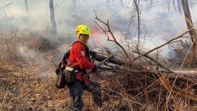 공중진화대원 최재한 팀장이 지난달 경북 지역에서 갈퀴를 이용해 산불 진화작업을 벌이고 있다./사진제공=산림청 산림항공본부.