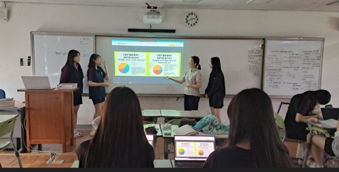부산의 한 고등학생들이 프로젝트 수업 결과 보고서를 발표하고 있다./사진=교육과학사
