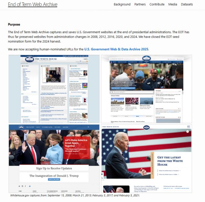 미국 정부 웹사이트 정보 영구 저장 프로젝트인 '임기 말 웹 아카이브'(EOT) 홈페이지