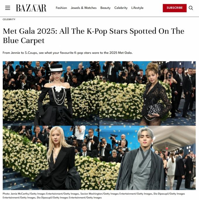 블랙핑크 제니, 리사, 로제 그리고 세븐틴 에스쿱스가 올해 '멧 갈라'에 참석해 자리를 빛냈다. /사진=하퍼스 바자 홈페이지 갈무리