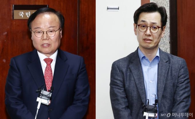 김문수 국민의힘 대통령 후보 대리인인 김재원 비서실장(왼쪽)과 한덕수 무소속 대선 예비후보 대리인인 손영택 전 국무총리 비서실장이 9일 서울 여의도 국회에서 열린 단일화 협상 관련 회동을 마치고 각각 브리핑을 하고 있다. 2025.5.9/사진=뉴스1 /사진=(서울=뉴스1) 김민지 기자