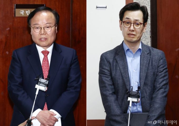 김문수 국민의힘 대통령 후보 대리인인 김재원 비서실장(왼쪽)과 한덕수 무소속 대선 예비후보 대리인인 손영택 전 국무총리 비서실장이 9일 서울 여의도 국회에서 열린 단일화 협상 관련 회동을 마치고 각각 브리핑을 하고 있다. 2025.5.9/사진=뉴스1 /사진=(서울=뉴스1) 김민지 기자