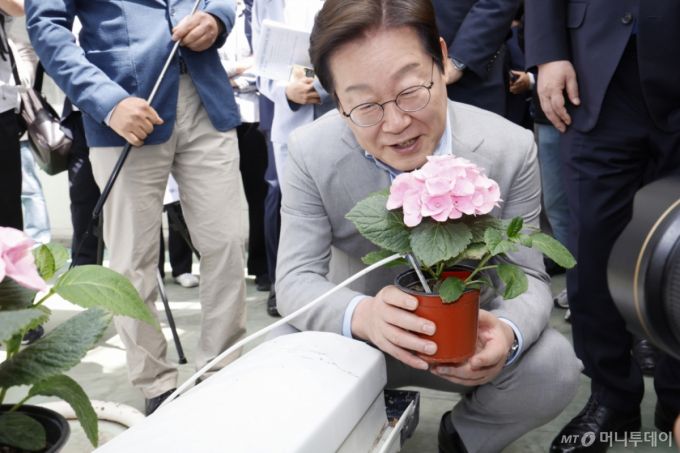 (나주=뉴스1) 김태성 기자 = 이재명 더불어민주당 대선 경선 후보가 25일 전남농업기술원에서 농업과학기술진흥 간담회를 갖고 에너지자립형 온실을 둘러봤다. 2025.4.25/뉴스1  Copyright (C) 뉴스1. All rights reserved. 무단 전재 및 재배포,  AI학습 이용 금지. /사진=(나주=뉴스1) 김태성 기자