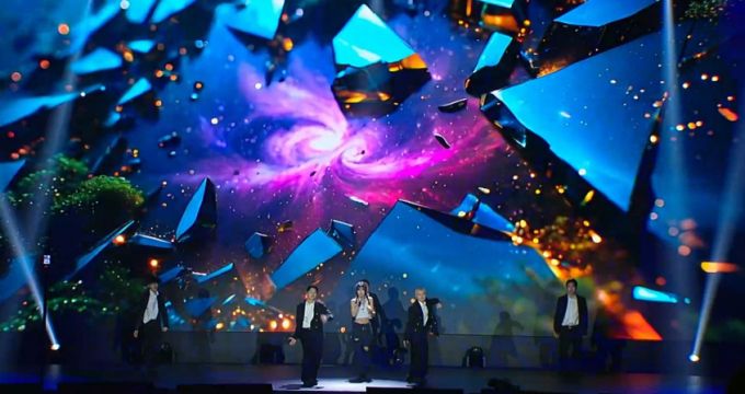 'AWS 서밋 서울 2025' 기조연설을 앞두고 펼쳐진 '컨트롤 유' 무대에서 여성 가창자가 수퍼톤이 만든 남성의 AI 보이스와 함께 노래 부르고 있다./사진제공= AWS