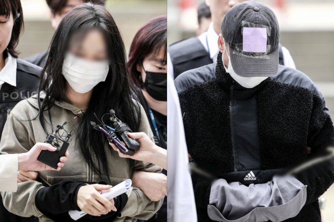 잉글랜드 프로축구 프리미어리그 토트넘 홋스퍼 주장 손흥민을 상대로 허위 임신을 주장하며 금품을 요구한 혐의를 받는 20대 여성 양 모 씨와 40대 남성 윤 모 씨가 17일 서울 서초구 서울중앙지방법원에서 열린 영장실질심사에 출석하고 있다. /사진=뉴시스