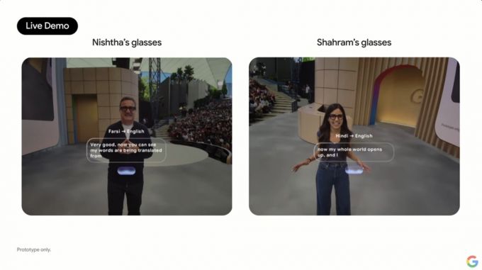 구글이 삼성전자 등과 협업해 개발한 '스마트안경'을 시연하는 장면. 이란어와 힌디어를 쓰는 2명이 각자의 언어로 말하면, 스마트안경이 실시간 번역을 제공한다.  /사진=구글 I/O 25 키노트 영상