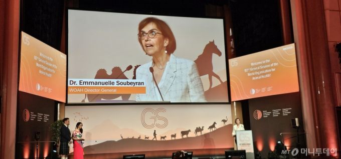 에마뉘에 수베항 WOAH 사무총장이 지난 25일 프랑스 파리에서 열린 제92차 WOAH 정기총회에서 인사말을 하고 있다. /사진=정혁수 기자 /사진=정혁수