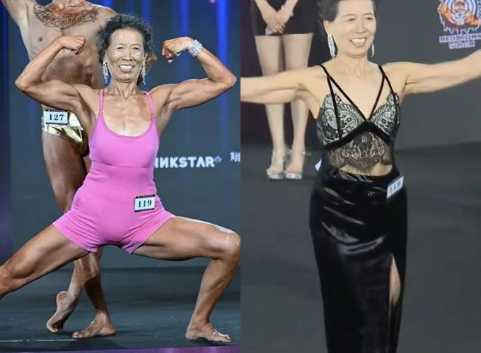 71세 중국 할머니 쑨밍후이가 지난 1일(현지시간) 중국 우한에서 열린 피트니스 대회에서 혼합복식 부문 3위를 차지했다./사진=중국 지무뉴스. 더우인(Douyin) 영상 캡처
