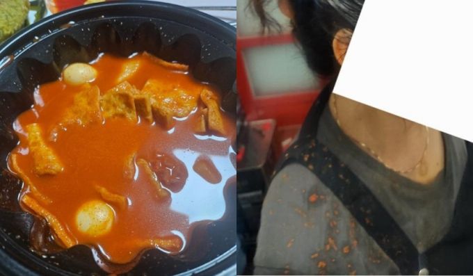 A씨 어머니가 고객이 던진 떡볶이에 맞은 것으로 보이는 사진./사진=온라인 커뮤니티 보배드림 화면캡쳐
