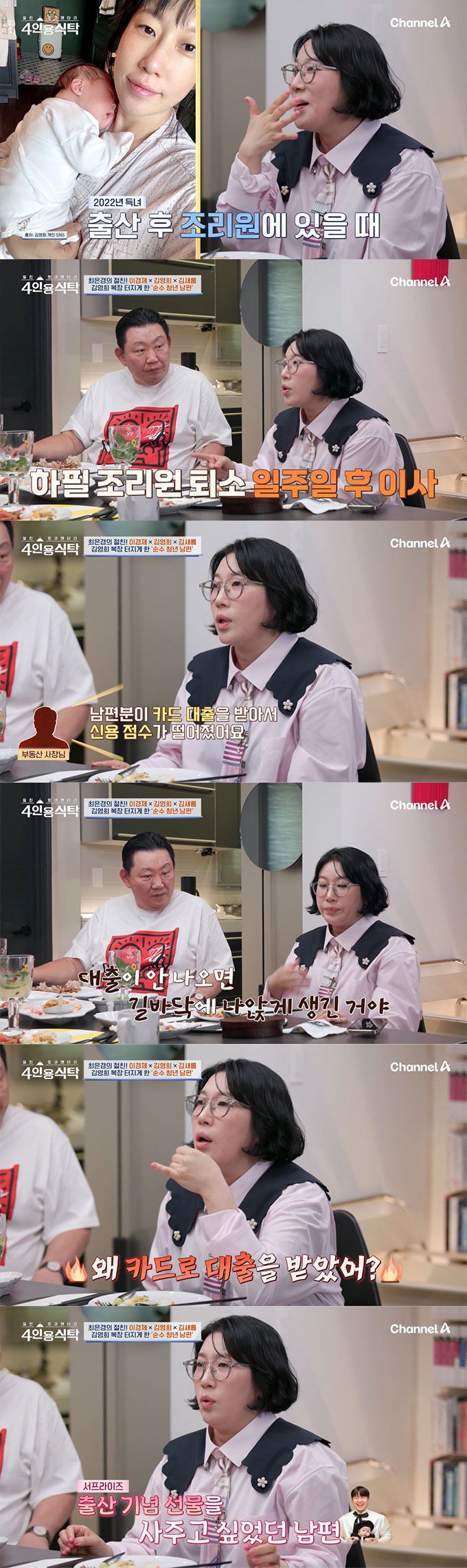 코미디언 김영희가 세상 물정 모르는 10살 연하 남편 윤승열 때문에 대출과 할부에 학을 뗐다고 고백했다./사진=채널A '절친 토큐멘터리 4인용 식탁' 방송 화면