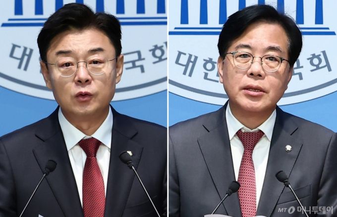 (서울=뉴스1) 김민지 기자 = 국민의힘 김성원(왼쪽), 송언석 의원이 12일 오전 서울 여의도 국회 소통관에서 각각 원내대표 출마 기자회견을 하고 있다. 2025.6.12/뉴스1  Copyright (C) 뉴스1. All rights reserved. 무단 전재 및 재배포,  AI학습 이용 금지. /사진=(서울=뉴스1) 김민지 기자