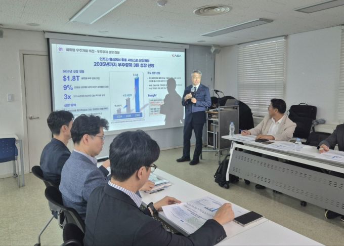 박재상 우주청 우주수송부문장이 20일 서울 용산구에서 열린 차세대발사체 사업 변경안에 관한 브라운백 미팅에서 발표하고 있다. /사진=박건희 기자