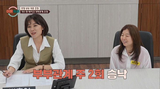 부부관계 주 2회를 쉽게 승낙하는 아내 측 변호인과 아내. /사진=JTBC '이혼숙려캠프' 캡처