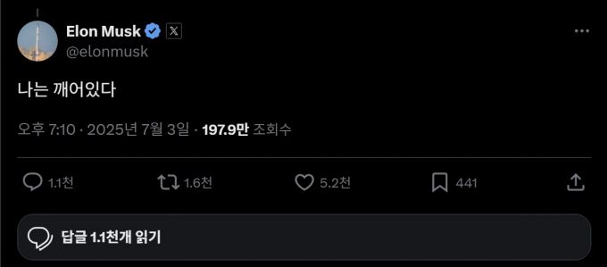 일론 머스크 테슬라 최고경영자(CEO)가 지난 3일(현지시간) 한 X(엑스) 이용자에게 한국어로 첫 답글을 달았다. /사진=일론 머스크 X 계정