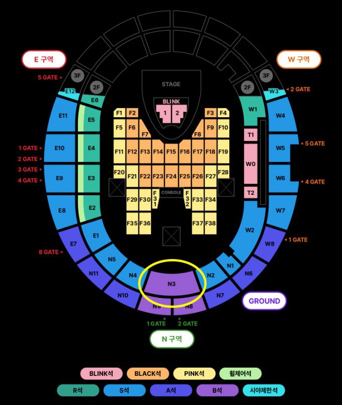 블랙핑크 고양 콘서트 좌석 배치도. 표시된 N3 구역은 보라색으로, 시야제한석과 구분돼 있다. N3 티켓을 구입했던 이들은 정면 구조물 때문에 무대가 전혀 보이지 않았다고 주장했다. /사진=놀티켓