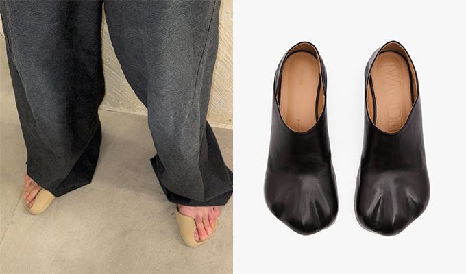 패션 브랜드 '발렌시아가'가 2025 봄·여름 룩북을 통해 엄지발가락에 겨우 걸치는 얇은 깔창 형태의 '제로 샌들'을 공개했다. 오른쪽은 발톱 모양을 강조한 발가락 디자인이 특징인 패션 브랜드 'JW 앤더슨'의 '파우 로퍼 뮬'. /사진=뎀나 바질리아 인스타그램, JW 앤더슨 홈페이지