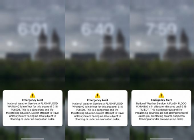 14일(현지시간) 기록적인 폭우로 당국이 재난문자를 발송했다. /사진=심재현 특파원
