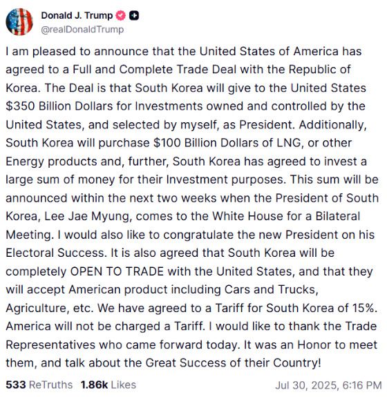 /도널드 트럼프 미국 대통령 소셜미디어(SNS) 트루스소셜 캡쳐.