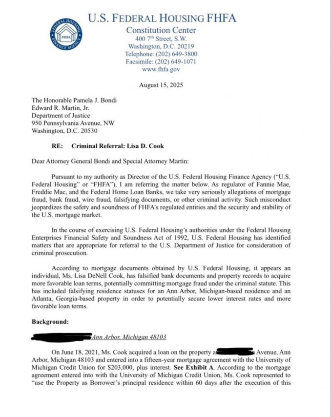 빌 풀트 연방주택금융청(FHFA) 국장이 15일(현지시간) 팸 본디 법무장관에 보낸 리사 쿡 이사에 대한 주택담보대출(모기지) 사기 의혹 조사 요청 서한 /사진=풀트 국장 X